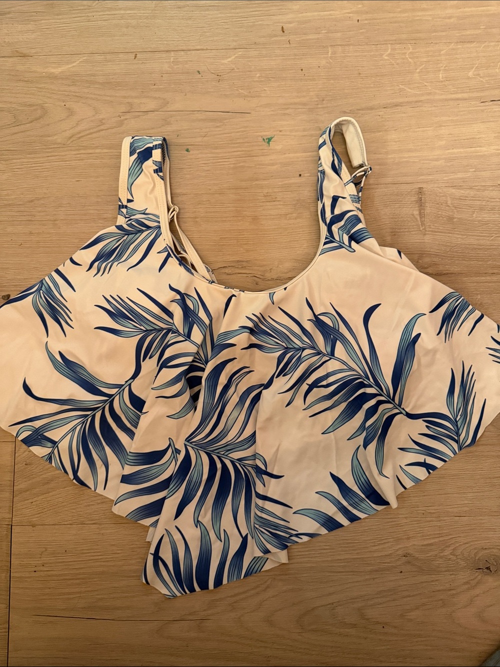Women's Cream swim Top with Blue Palm Print